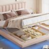 Queen Size Upholstered Hydrualic Platform Floating Bed With LED Light And USB Port - Pink - Image 25