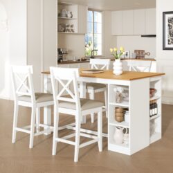 Solid Wood Farmhouse Counter Height Dining Table Set With 3 Tier Storage Shelves, Upholstered Dining Chairs For 4, 5 Piece - White