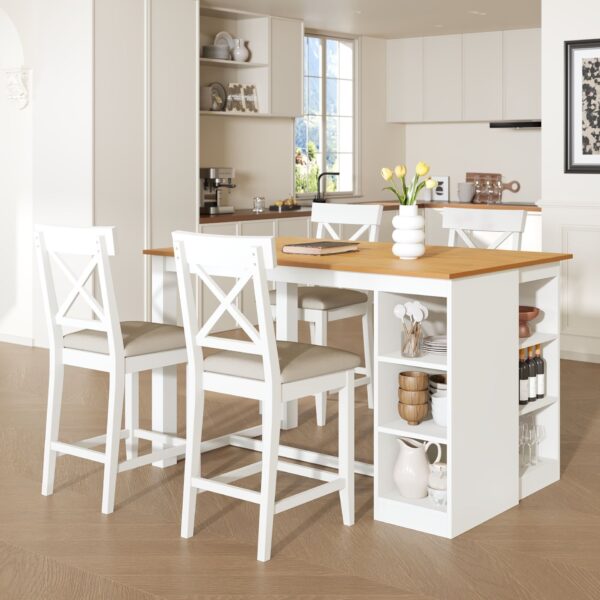 Solid Wood Farmhouse Counter Height Dining Table Set With 3 Tier Storage Shelves, Upholstered Dining Chairs For 4, 5 Piece - White