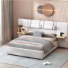 Queen Size Upholstered Platform Bed, 2 Outlets And USB Charging Ports On Both Sides, 2 Bedside Pillows, Storage Shelves - Beige - Image 13
