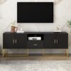 Modern TV Stand For TV Up To 70", TV Cabinet With 1 Drawer, 2 Cabinets And Metal Legs, Handles And Anti-Tip Device For Living Room - Black - Image 2