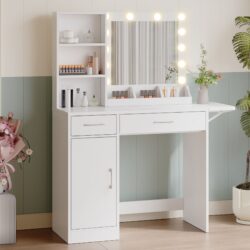 Vanity Desk With Drawers & Mirror With Lights, With Drawers & Cabinet 3 Shelves Lots Storage For Stylish Bedroom - White