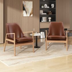 Accent Chair (Set of 2) Mid-Century Modern Armchair With Solid Wood Frame, Reading Leisure Chair With High Back For Living Room - Brown