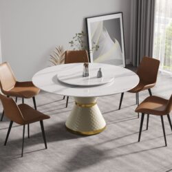 59.05" Modern Artificial Stone Round Carbon Steel Base Dining Table, Can Accommodate 6 People Artificial Stone Turntable - White