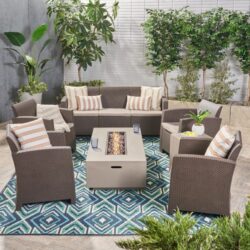 Outdoor Faux Wicker Rattan Style Chat Set With Water Resistant Cushions, 5 Pieces Set - Brown / Mix Beige