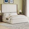 Tall Headboard Upholstered King Size Bed With Vertical Striped And Wingback Design, Box Spring Needed, Linen - Beige - Image 9