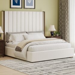 Tall Headboard Upholstered King Size Bed With Vertical Striped And Wingback Design, Box Spring Needed, Linen - Beige