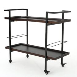 Modern Industrial Bar Cart With Shelving And Rolling Casters - Walnut