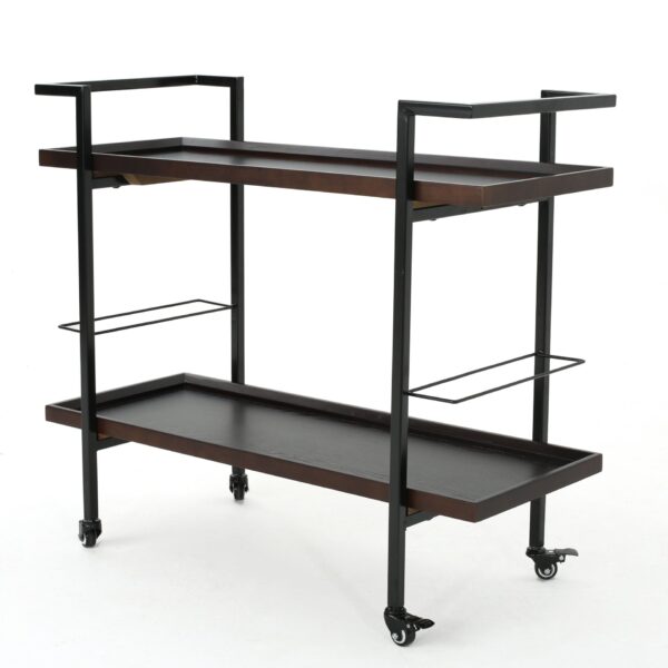 Modern Industrial Bar Cart With Shelving And Rolling Casters - Walnut