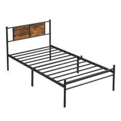 Modern Twin Long Size Metal Bedframe With Wood Panel Headboard - Black / Brown