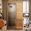 Red Cedar Mini 1 Person Far Infrared Glass Door On The Left Of The Indoor Sauna Room - Natural Wood / Caramel - Image 3