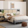 Queen Size Bed Frame With 2 Nightstands Elegant Design With Lamps - Gray - Image 16