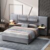 Queen Upholstered Platform Bed, 2 Outlets And USB Charging Ports On Both Sides, 2 Bedside Pillows, Storage Shelves - Gray - Image 9