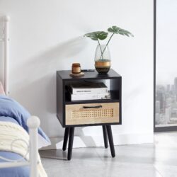 15.75" Rattan End Table With Power Outlet & USB Ports, Modern Nightstand With Drawer And Solid Wood Legs, Side Table For Living Room, Bedroom - Black