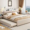 Queen Size Upholstered Platform Bed With Reading Lights, Drawers, Trundle And Shelves - Beige - Image 15