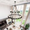 Extra Large Wagon Wheel Chandelier, 2 Tier 36 Lights (No Include) Farmhouse Industrial Round High Ceiling Pendant Light Adjustable Chain, For Dining Room, Living Room, Kitchen - Black - Image 4