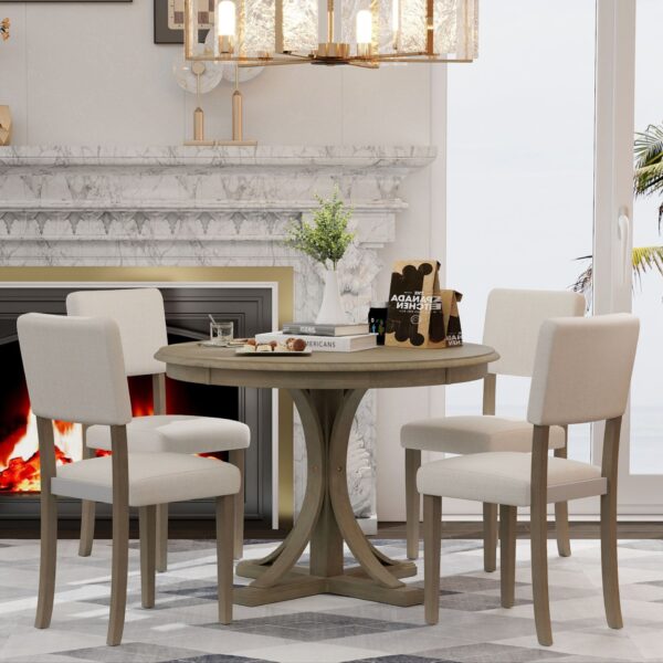 5 Piece Retro Round Dining Table Set With Curved Trestle Style Table Legs And 4 Upholstered Chairs For Dining Room - Taupe