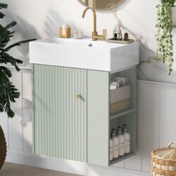 Modern Floating Bathroom Vanity With Ceramic Basin, Perfect For Small Bathrooms, Right Side Storage - Green