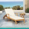 Versatile Chaise Lounge With Wheels Acacia Wood Recliner For Patio - Cream - Image 2