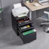 Contemporary 3 Drawer Mobile Filing Cabinet With Lock, Metal Office Storage For Legal / Letter Size - Black - Image 5