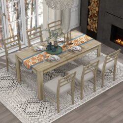 7 Piece Wooden Dining Table Set Mutifunctional Extendable Table With Leaf And 2 Drawers, 6 Dining Chairs With Soft Cushion - Natural Wash