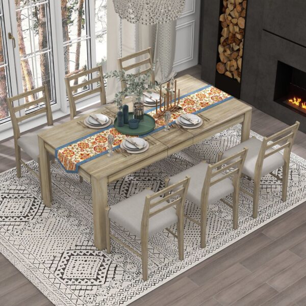 7 Piece Wooden Dining Table Set Mutifunctional Extendable Table With Leaf And 2 Drawers, 6 Dining Chairs With Soft Cushion - Natural Wash