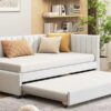 Twin Size Sofa Bed Upholstered Daybed With Trundle Frame No Box Spring Needed, Linen - Beige - Image 16