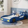 Wooden Race Car Bed, Car Shaped Platform Twin Bed With Wheels For Teens - Blue / Yellow - Image 4