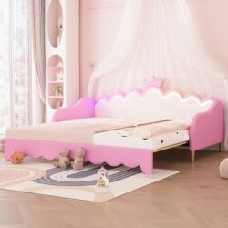 Twin Extending Daybed With LED Lights, Modern Upholstered Princess Daybed With Crown Headboard - Pink