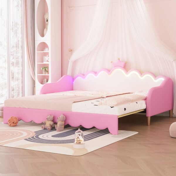 Twin Extending Daybed With LED Lights, Modern Upholstered Princess Daybed With Crown Headboard - Pink