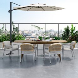 Outdoor Dining Set With Dining Chairs, Acacia Wood Expandable Table, Rattan, Iron Frame - Gray / Teak