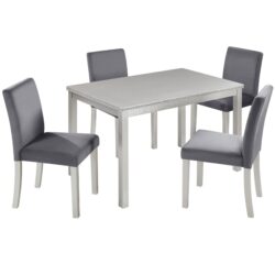 5 Pieces Wooden Dining Table Set, Kitchen Table Set With A Rectangular Table And 4 Upholstered Chairs - Silver Gray