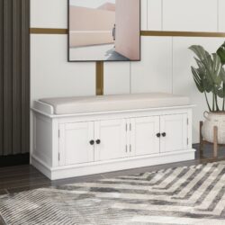 Storage Bench With 4 Doors And Adjustable Shelves, Shoe Bench With Removable Cushion For Living Room, Entryway - White