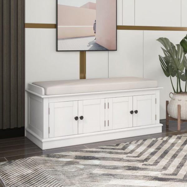 Storage Bench With 4 Doors And Adjustable Shelves, Shoe Bench With Removable Cushion For Living Room, Entryway - White