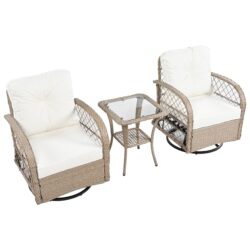 3 Piece Outdoor Chair & Table Set Chat Set 2 Person Rattan Seating Group With 2 Swiveling And Rocking Chairs And A Square Table For Garden, Patio, Or Balcony - Natural