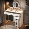 Makeup Vanity Desk With Lighted Mirror, Luxury Dressing Table With 2 Drawers And 1 Cabinet, 3 Lighting Modes Available For Bedroom - White / Gold - Image 2