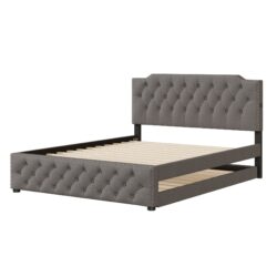 Queen Size Upholstered Platform Bed With Twin Size Trundle And 2 Sets Of USB Ports On Each Side - Gray