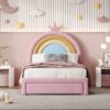Twin Size Upholstered Rainbow Design Bed, Velvet Princess Platform Bed With Storage Drawer, No Box - Spring Needed - Colorful / Pink - Image 4