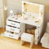 Vanity Desk With Freely Adjustable Side Cabinet, Makeup Vanity With Hollywood Lights, 5 Storage Drawers & 2-Shelves, Modern Dressing Table - White - Image 10