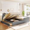 Queen & Twin Long Size Upholstered Platform Bed, Mother & Child Bed With Hydraulic Storage System, Drawer Box, Bedhead Storage Shelf And 2 Pairs Of Sockets & USB Ports - Gray - Image 16