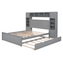 Queen Size Bed With All In One Cabinet, Shelf And Sockets, Twin Long Trundle - Gray