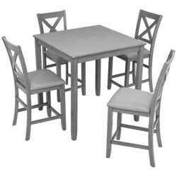 5 Piece Dining Table Set, Wooden Dining Square Table Set For 4, Counter Height Kitchen Table Set With Square Table And 4 Upholstered Chairs For Small Space - Gray