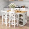 Solid Wood Farmhouse Counter Height Dining Table Set With 3 Tier Storage Shelves, Upholstered Dining Chairs For 4, 5 Piece - White - Image 3