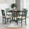 Retro Style 5 Piece Round Dining Table Set With Storage Shelf And Fabric Chairs - Antique Blue / Dark Brown - Image 2