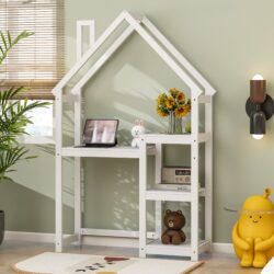 House-Shaped Wooden Writing Desk, Kids Study Table, Bookshelf & Toy Storage - White