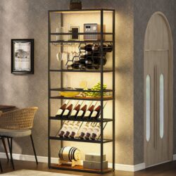 LED Tall Wine Rack Freestanding Floor, 7 Tier Wine Baker Rack With Glass Holder & Wine Storage, Industrial Wine Display Shelf Wine Bar Cabinet For Bar, Kitchen, Dining Room - Walnut / Black