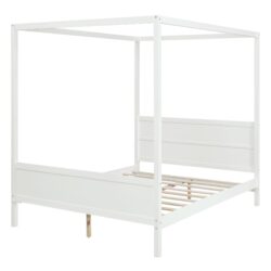 Queen Size Canopy Platform Bed With Headboard And Footboard, Slat Support Leg - White