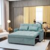 3 In 1 Convertible Sleeper Sofa Bed, Modern Velvet Fabric Futon Sofa Couch Pullout Bed, Adjustable Backrest With Three USB Ports, Two Side Pockets, Two Cup Holders And Swivel Phone Holder - Light Blue - Image 2