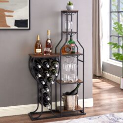 11 Bottle Wine Bakers Rack, 5 Tier Freestanding Wine Rack With Hanging Wine Glass Holder And Storage Shelves, Wine Storage Home Bar For Liquor And Wine Storage for Kitchen, Dining Room - Antique Brown / Black