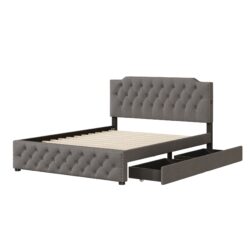 Queen Size Upholstered Platform Bed With 2 Drawers And 2 Sets Of USB Ports On Each Side - Gray
